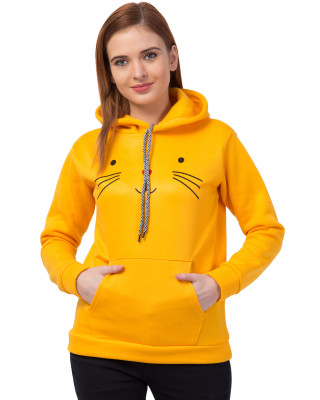 Yellow Cat Printed Hoodie For Women