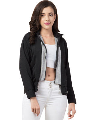 Full Sleeve Double Zipper Solid Black Women Casual Jacket