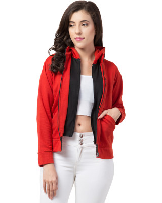 Full Sleeve Double Zipper Solid Red Women Casual Jacket